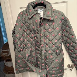 Quilted Floral Jacket in Olive with Pink Accents